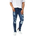 thumbnail image 1 of Franhais Men's Slim Jeans Ragged Design Side Stripe Print Mid Waist Zip Button Straight Casual Pencil Trousers, 1 of 9