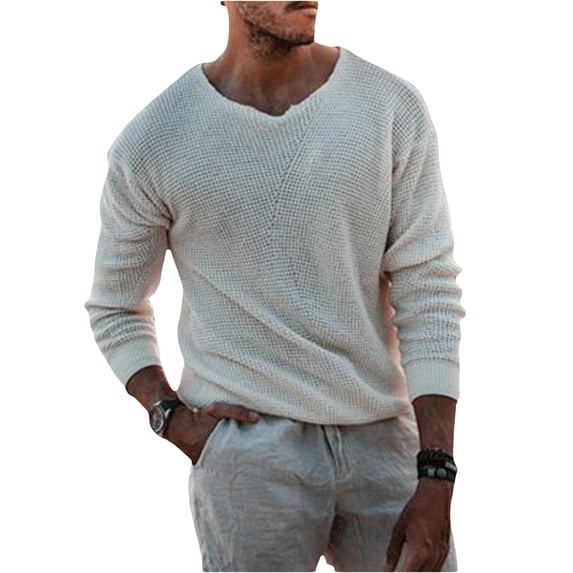 Franhais Men's Spring Autumn Loose Knitwear Solid Color Long Sleeve Crewneck Pullover Sweater