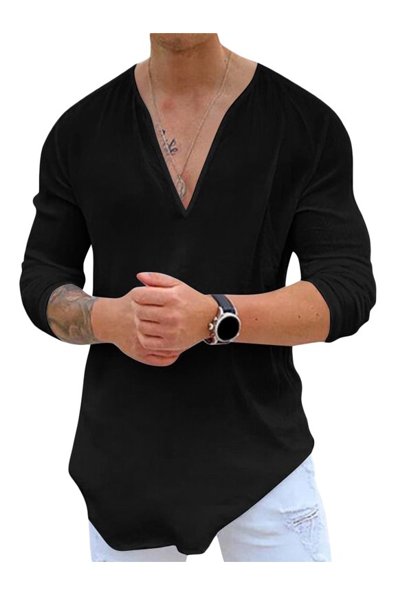 Men's Spring Summer Casual T Shirt Solid Color Long Sleeve V Neck Shirts Loose Fit Tops