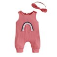 thumbnail image 1 of Franhais Newborn Girl Bodysuit with Headband, Sleeveless Cartoon Rainbow Pattern Round Neck Buttons Embellishment Ribbed Romper, 1 of 9