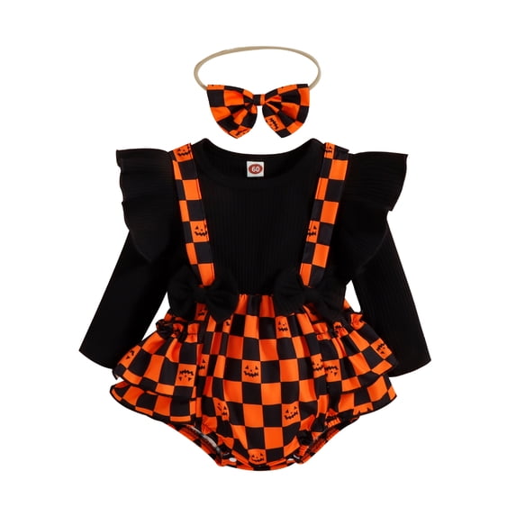 Franhais Newborn Girl Halloween Outfits, Long Sleeve Printed Patchwork Romper + Bow-Knot Headband