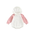 thumbnail image 1 of Franhais Newborn Long Sleeve Romper, Contrast Color Front Kangaroo Pocket Snap Crotch Hooded Patchwork Jumpsuit, 1 of 7