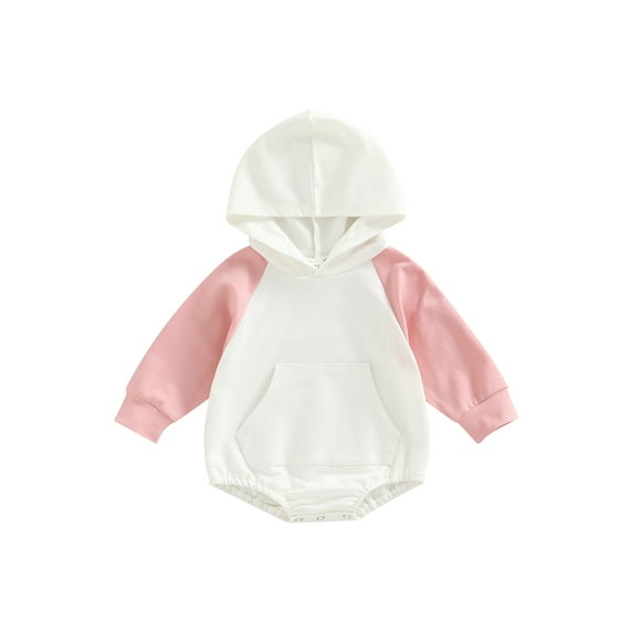 Franhais Newborn Long Sleeve Romper, Contrast Color Front Kangaroo Pocket Snap Crotch Hooded Patchwork Jumpsuit
