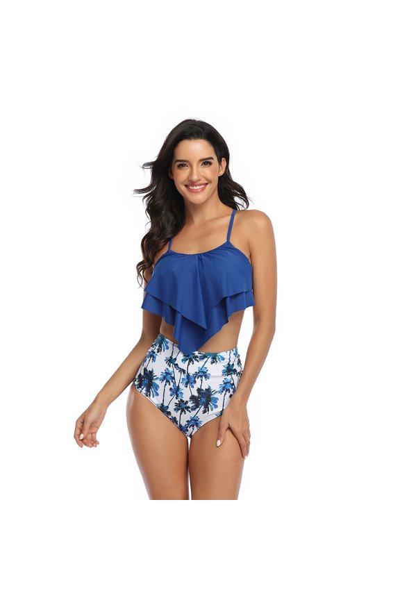 Parent Child Bikini Swimsuit Set Double Lotus Leaf Print Halter Neck Strap Irregular Style Leisure Mother and Daughter Swimsuit