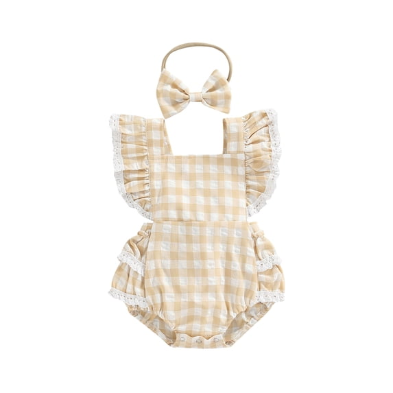 Franhais Summer Baby Girls Romper, Infant Sweet Style Creative Plaid Pattern Lace Splicing Fly Sleeve Jumpsuit + Bow Headwear Set