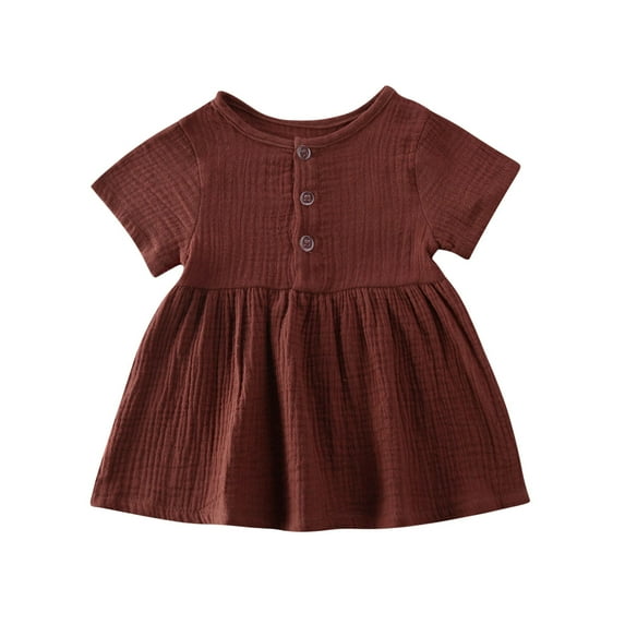 Franhais Toddler Baby Girl Summer Dress Solid Color Short Sleeve Button Cotton Linen A-line Mini Dress