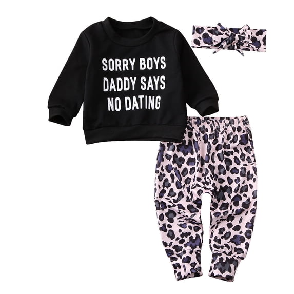 Franhais Toddler Baby Girls 3Pcs Outfit Set Long Sleeve Letter Print Sweatshirt Leopard Pants Headband Tracksuit