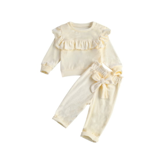 Franhais Toddler Baby Girls Smooth Velvet Outfit Sets, Round Neck Ruffle Trim Top Elastic Waist Bowknot Pant Clothes