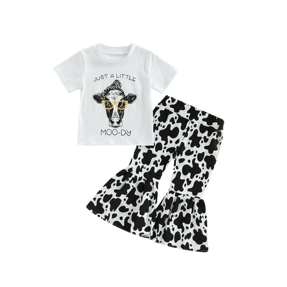 Franhais Toddler Girl Summer Clothes Set, Short Sleeve Crew Neck Bull Head T-Shirt + Elastic Waist Cow Print Flared Trousers