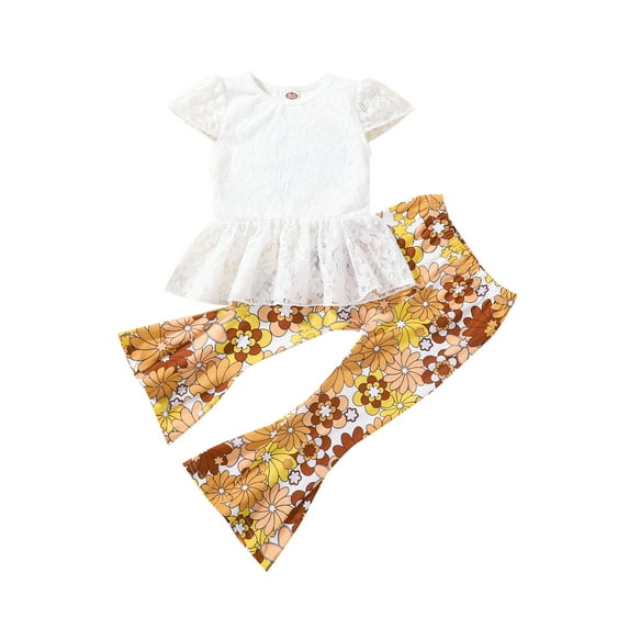 Franhais Toddler Girls Outfits Set White Lace Ruffle Hem Tops with Floral Print Flared Pants Suit