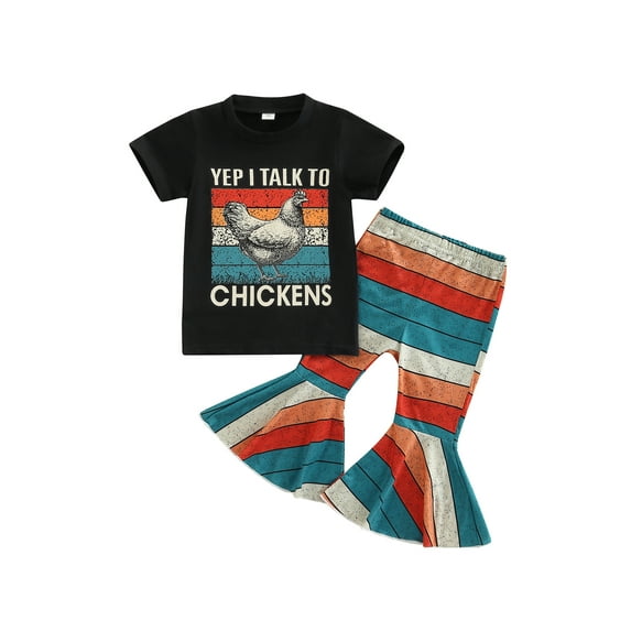 Franhais Toddler Girls Summer 2Pcs Outfit Sets Black Short Sleeve Chicken Print Tops + Striped Flared Pants