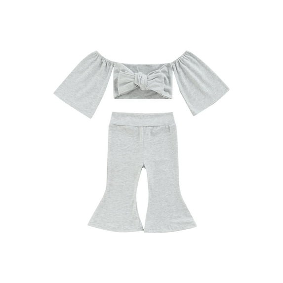 Franhais Toddler Kids Girls 2 Pieces Outfit, Tie-Up Bowknot Off-Shoulder Crop Tops+Flare Pants Set