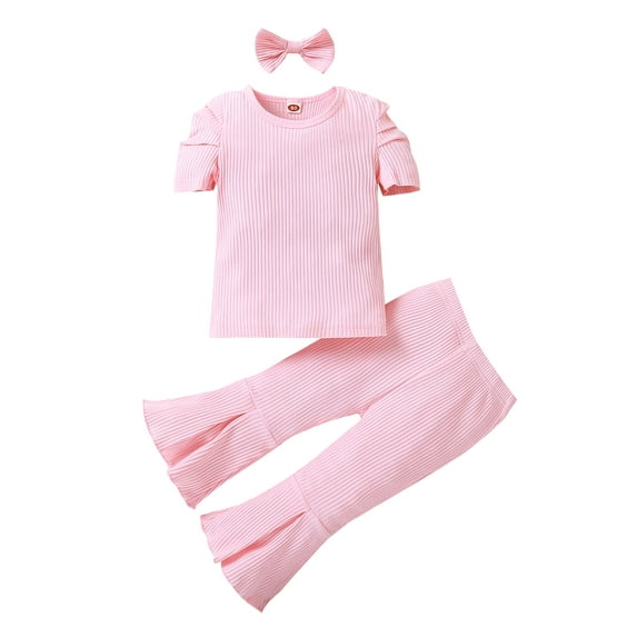 Franhais Toddler Long Pants Outfits, Solid Color Short Puff Sleeve T-Shirt + Elastic Flare Pants + Bow-Knot Hairpin Set