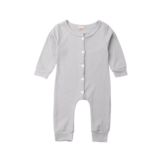 Franhais Unisex Infant Long Sleeve Romper Solid Color Ribbed Knit Button Jumpsuit O Neck One Piece Pajama Newborn Baby Casual Outfits