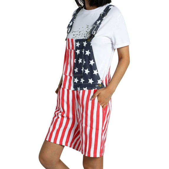 Franhais Unisex One Piece Romper, Summer American Flag Print Denim Bib Overall Shorts for Men Women