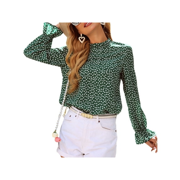 Franhais Women Blouse, Pleated Mock Neck Long Flare Sleeve Work Office Shirt Tops Elegant Clothing