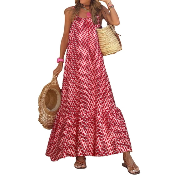 Franhais Women Boho Long Maxi Dress Print Summer Loose Spaghetti Strap Midi Dress for Beach Streetwear