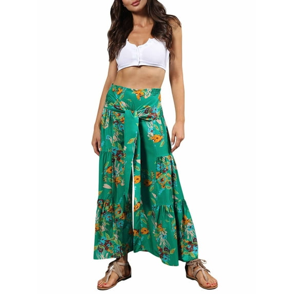 Franhais Women Casual Beach Trousers, Front Bandage High Waist Wide-leg Pants, S/ M/ L/ XL