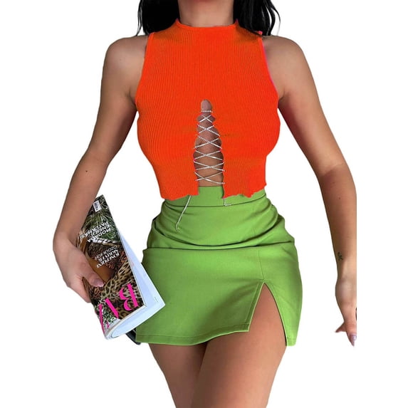Franhais Women Casual Crop Tops, Solid Color Slim Fit Hollow Out Bandage Sleeveless Tank Tops