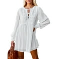 thumbnail image 1 of Franhais Women Casual Dress, Lace Patchwork Tied V Neck Long Lantern Sleeve Loose for Ladies, 1 of 9