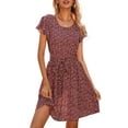 thumbnail image 1 of Franhais Women Casual Dress, Maroon Floral Printed Pattern Round Collar Short Sleeve One-piece, 1 of 7
