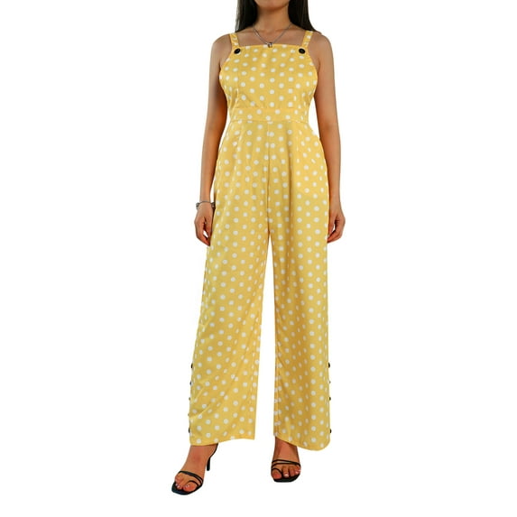 Franhais Women Casual Jumpsuit, Sleeveless Square Collar Printed Patterns Overalls, Black/ White/ Pink/ Dark Green/ Navy/ Yellow