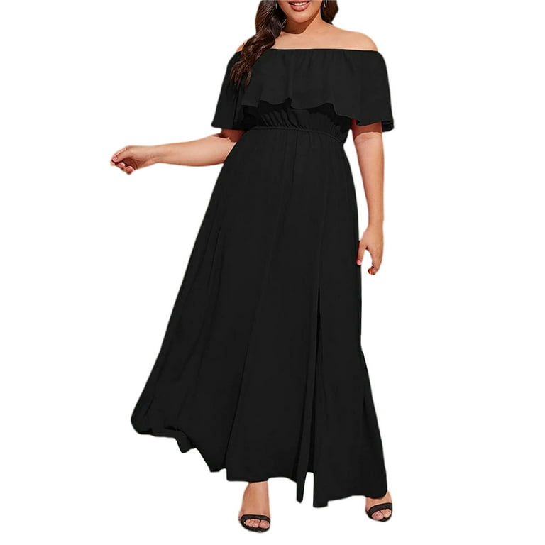 Casual Short sleeve Solid Color Off shoulder Plus size maxi Dresses Casual Short sleeve Solid Color Off shoulder Plus size maxi Dresses