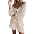 thumbnail image 1 of Franhais Women Casual Suit, Solid Color Off-Shoulder Long Sleeve Crop Tops+Ruffle Loose Short Pants, 1 of 8