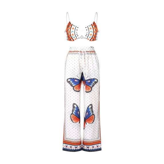 Franhais Women Casual Two-piece Clothes Set, White Butterfly Printed Pattern Tops + Long Pants