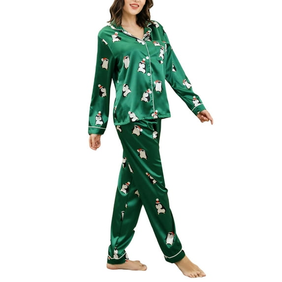 Franhais Women Christmas Pajamas Lounge Set Cartoon Penguin Print Long Sleeve Shirts Tops and Pants 2 Piece Loungewear Outfits