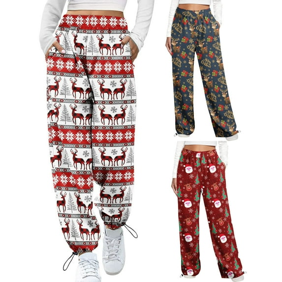 Franhais Women Christmas Pants, Elk Santa Claus Print Drawstring Trousers Loose Pajamas Pants