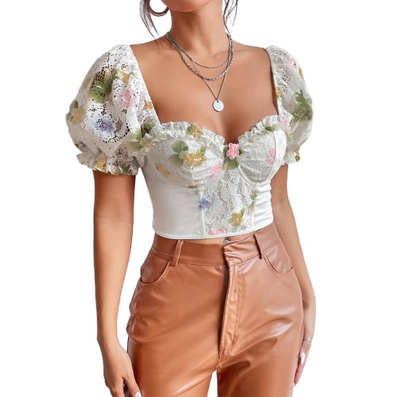 Franhais Women Crop Tops, Short Puff Sleeve Floral Print Ruffle Street Casual Party Street Tops