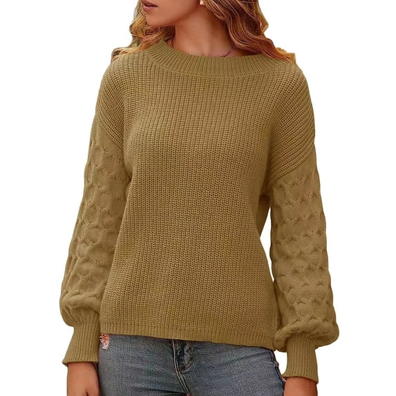 Franhais Women Cute Sweaters Solid Color Lantern Long Sleeve Pullover Basic Tops Knitwear for Fall Warm Streetwear