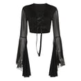 thumbnail image 1 of Franhais Women Fashion Crop Tops Front Cross Tie-Up Mesh See-Through Flare Long Sleeve T-Shirts, 1 of 9