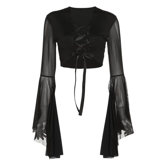Franhais Women Fashion Crop Tops Front Cross Tie-Up Mesh See-Through Flare Long Sleeve T-Shirts