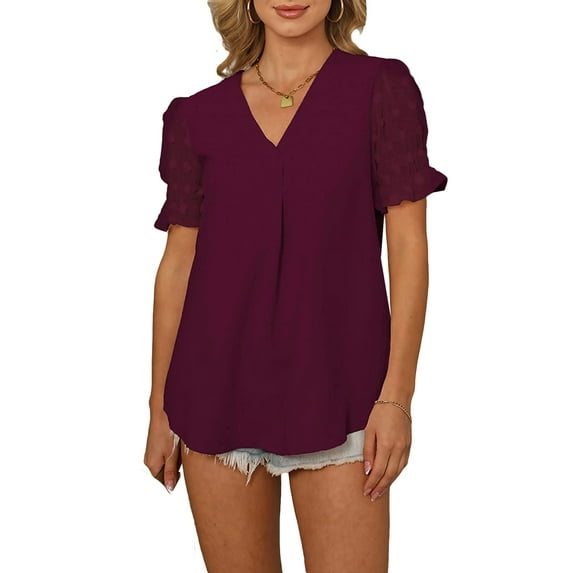 Franhais Women Fashion Wild Chiffon Shirts Solid Color Swiss Dot Short Sleeve V-Neck Blouses Summer Casual Loose Tops