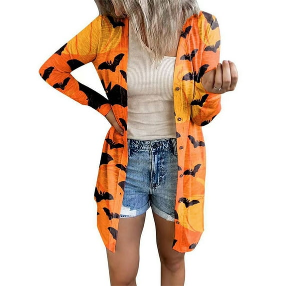 Franhais Women Halloween Cardigan Casual Long Sleeve Bat Print Buttons Down Open Front Outwear
