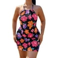 thumbnail image 1 of Franhais Women Halter Dress, Flower Patterns Ruched Backless Hip Dress, Ladies Summer Tight Short Party/Club/Bar Outfits, 1 of 9