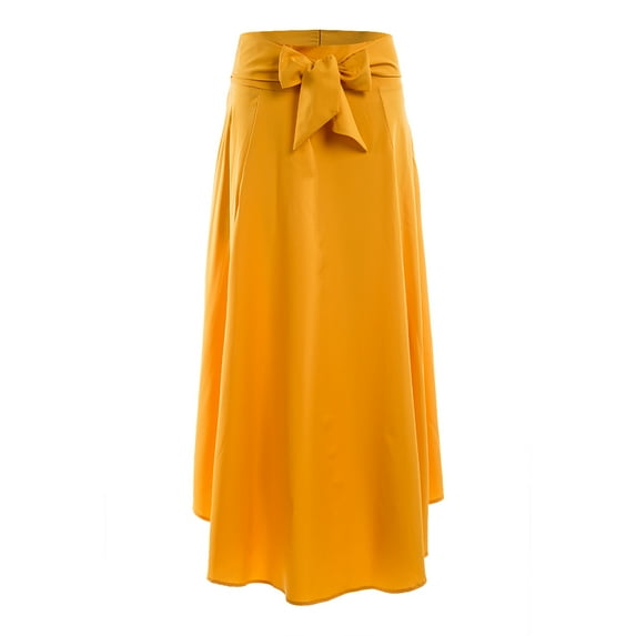 Franhais Women High Waist Pure Skirt Fashion Bow Flared Pleated Long Skirt with Two Pocket