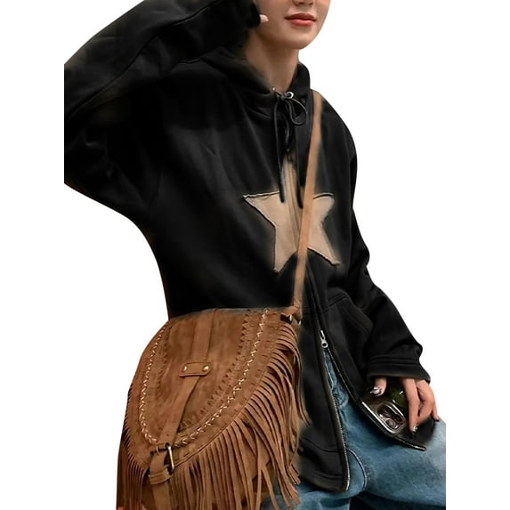 Franhais Women Hooded Jacket with Pentagram Pattern, Smooth Zipper Loose Version Spring Clothing