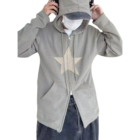 Franhais Women Hooded Jacket with Pentagram Pattern, Smooth Zipper Loose Version Spring Clothing