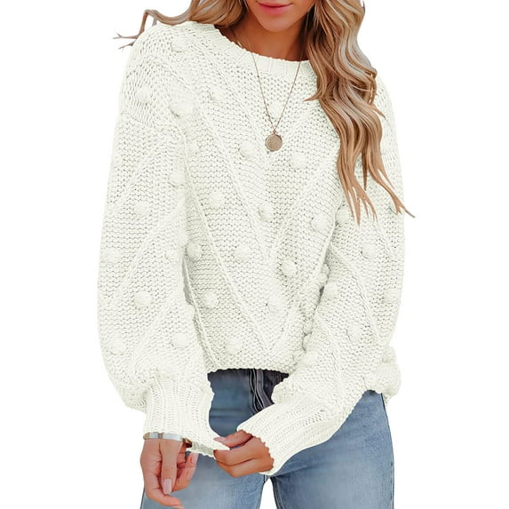 Franhais Women Knit Sweater Long Sleeve Crew Neck Solid Pullover Warm Sweater with Balls for Fall Winter