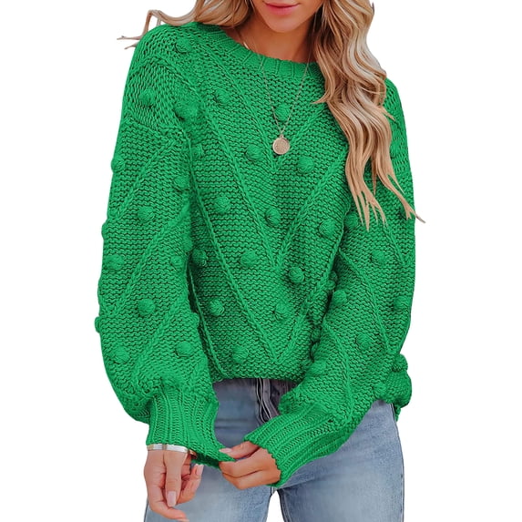 Franhais Women Knit Sweater Long Sleeve Crew Neck Solid Pullover Warm Sweater with Balls for Fall Winter