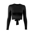 thumbnail image 1 of Franhais Women Knitted Ribbed Crop Tops Solid Color Round Neck Long Sleeve Tie-Up Backless T-Shirts, 1 of 9