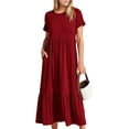 thumbnail image 1 of Franhais Women Long Dress, Elegant Short Sleeve Crew Neck Swing Dress Solid Loose Summer Dress with Pockets, 1 of 7