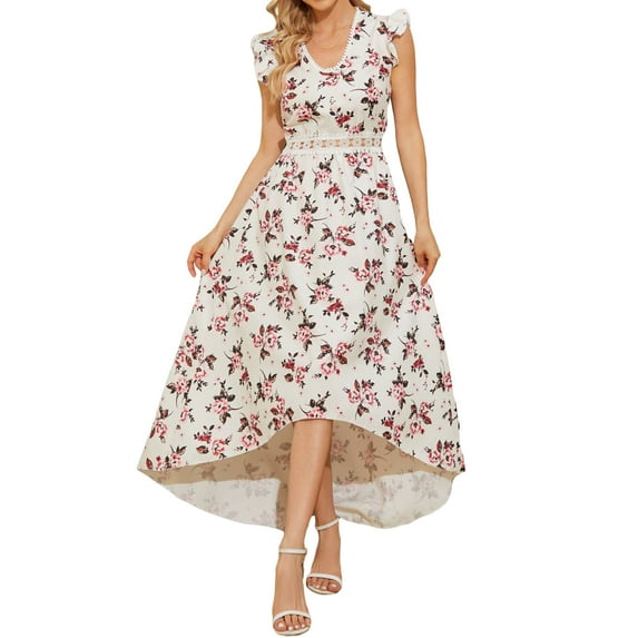 Franhais Women Long Maxi Dress, Summer Elegant Fly Sleeve V-neck Flower Print Midi Dress for Party