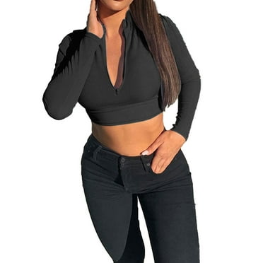 Franhais Women Long Sleeve Crop Tops Solid Color Ribbed Knit Zipper Turtleneck Pullover Lady Sexy Slim Base Shirt