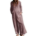 thumbnail image 1 of Franhais Women Loose Fit Jumpsuit Casual Solid Color Round Neck Long Sleeve Backless Romper Wide Leg Pants, 1 of 5