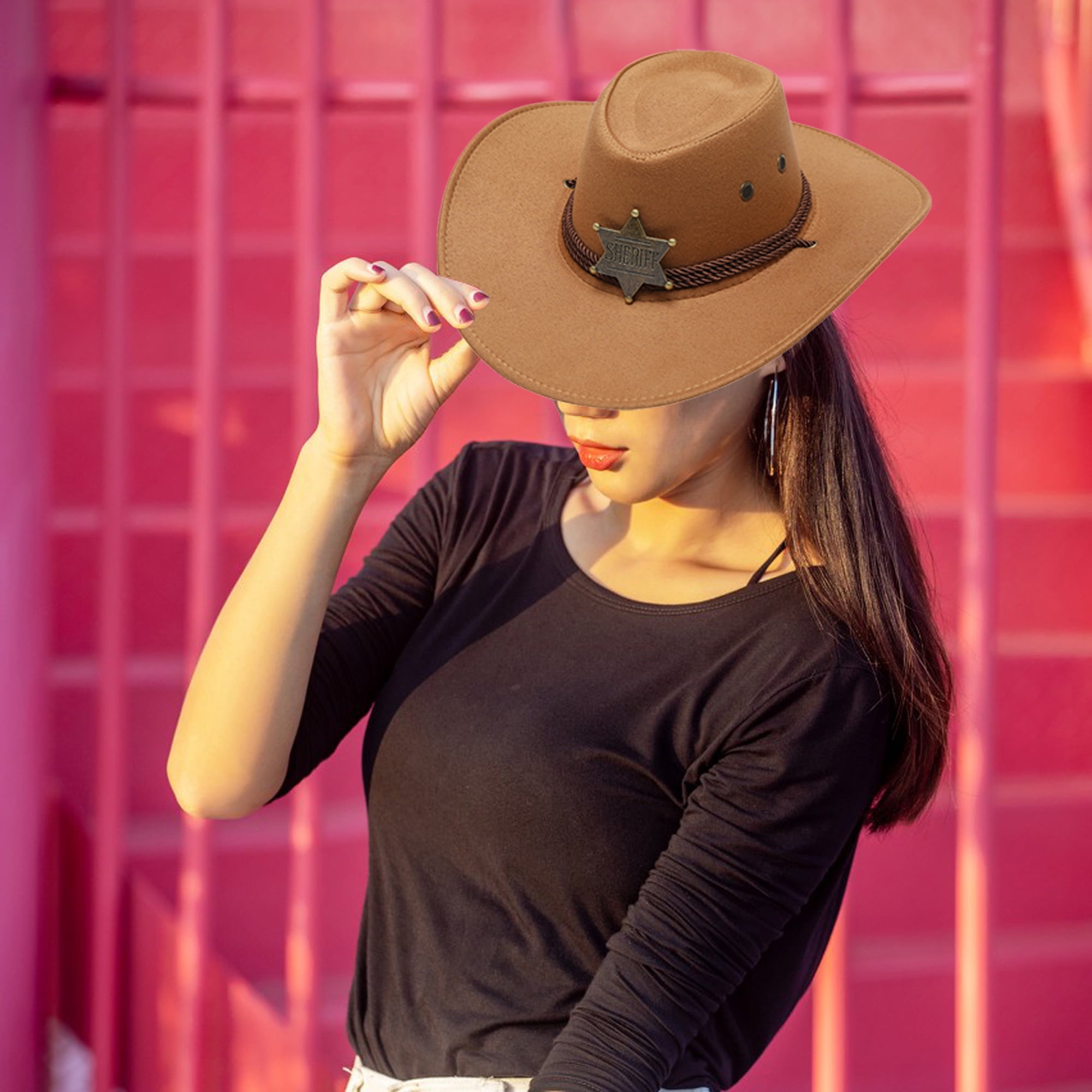 Franhais Women Men Cowboy Hat, Vintage Wide Brim Hexagram  display picture 3