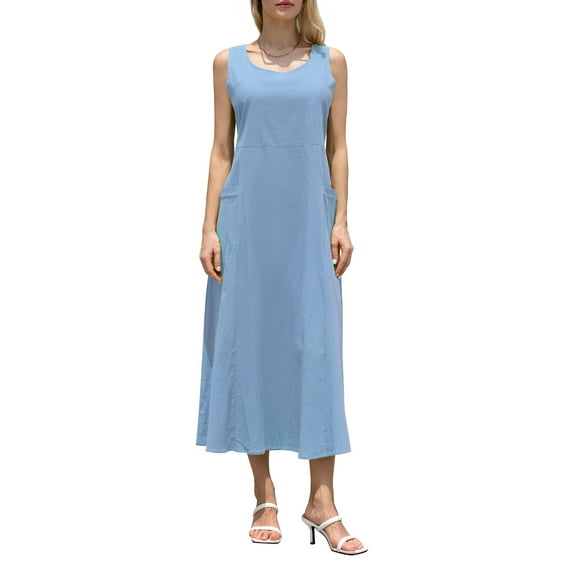 Franhais Women Midi Dress Solid Color A-line Casual Long Dress With Pockets
